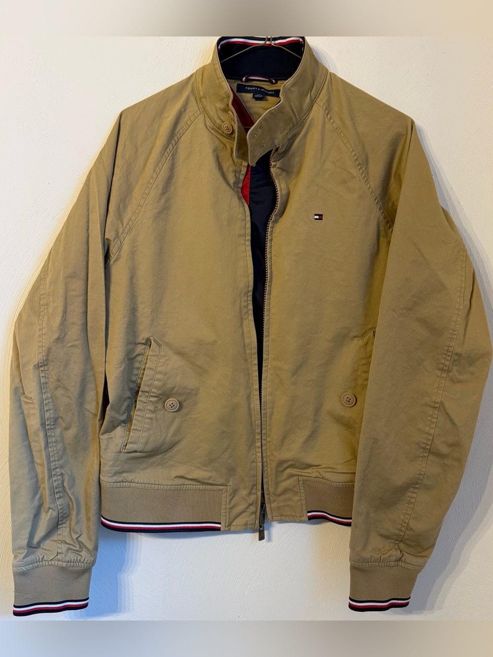 Tommy Hilfiger Tan Bomber Jacket Full Zip Lightweight Classic Preppy Mens S
